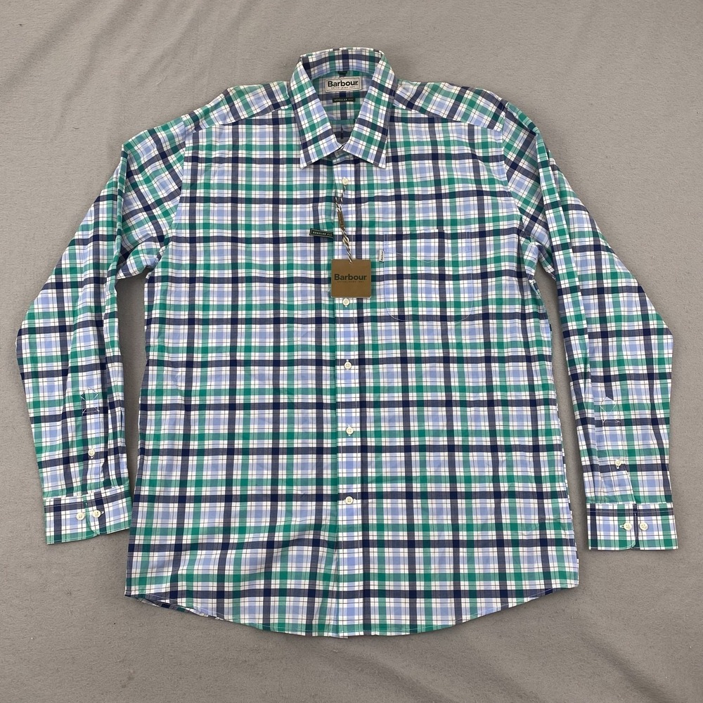 Barbour Mens Button shirt Large regular Fit Plaid Cotton Green blue NEW NWT - Picture 2 of 16
